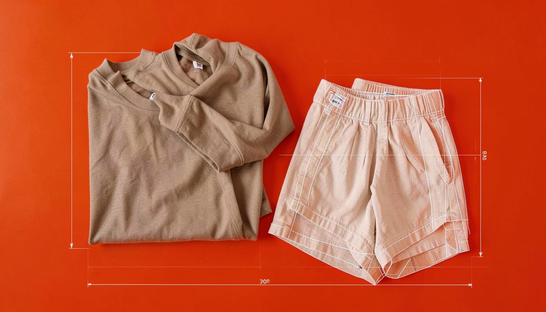 A softly lit flat-lay of women's clothing essentials in muted earth tones — folded tees, a draped hoodie, and linen shorts arranged on a light wooden surface.