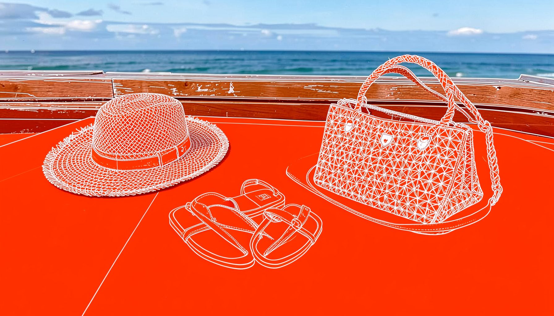 Women's sandals, a straw hat, and a woven handbag arranged on a wooden deck with ocean in the background