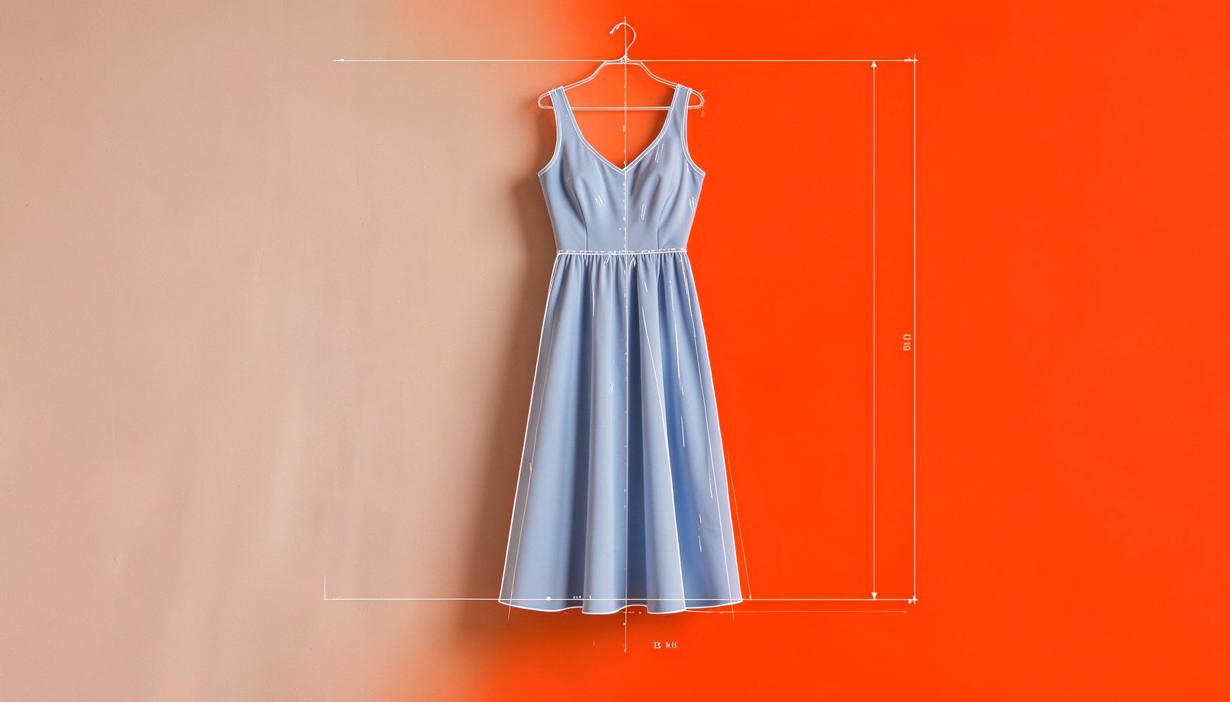 A breezy midi dress in soft blue, hanging against a neutral wall.
