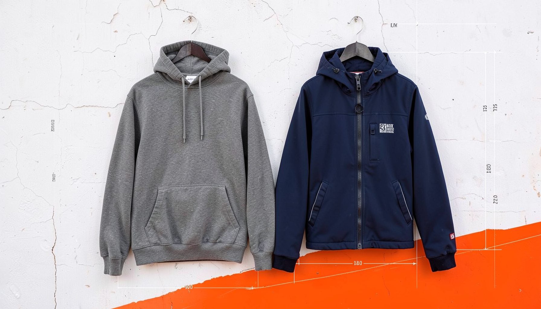 A heavyweight mens hoodie in charcoal grey and a surf jacket in deep navy, hanging side by side against a whitewashed wall