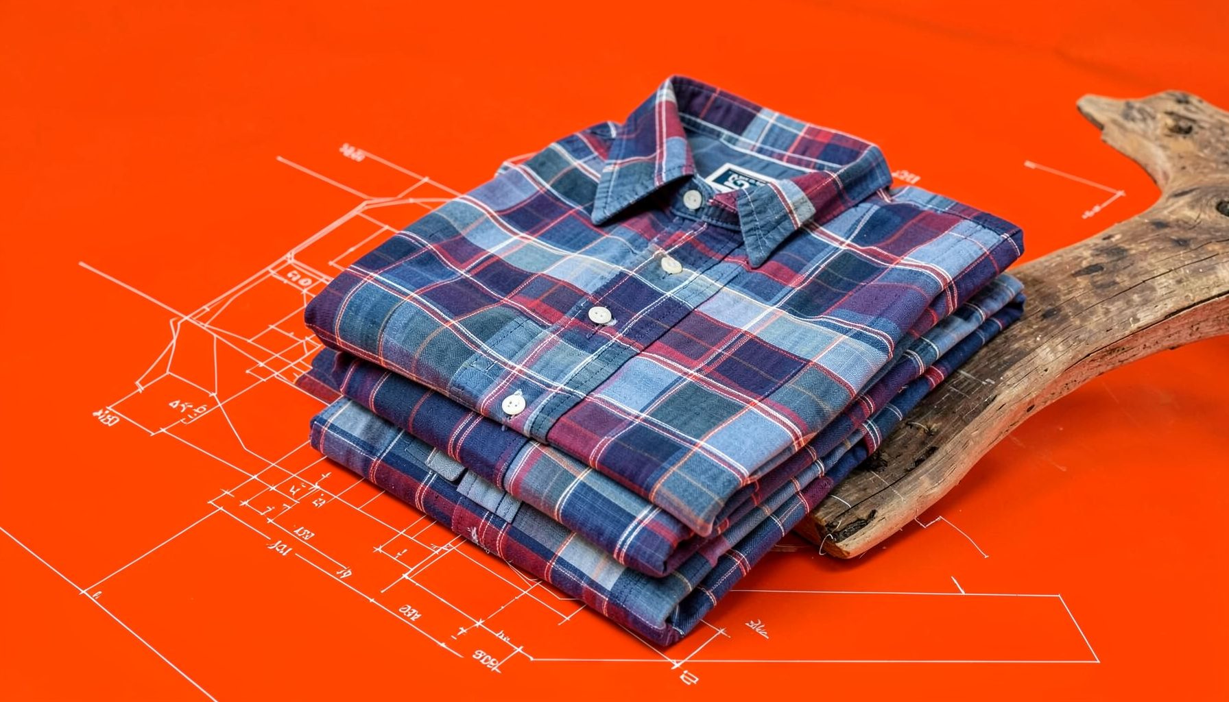 A stack of mens button-up shirts in coastal plaid and chambray tones, neatly folded on a weathered driftwood table
