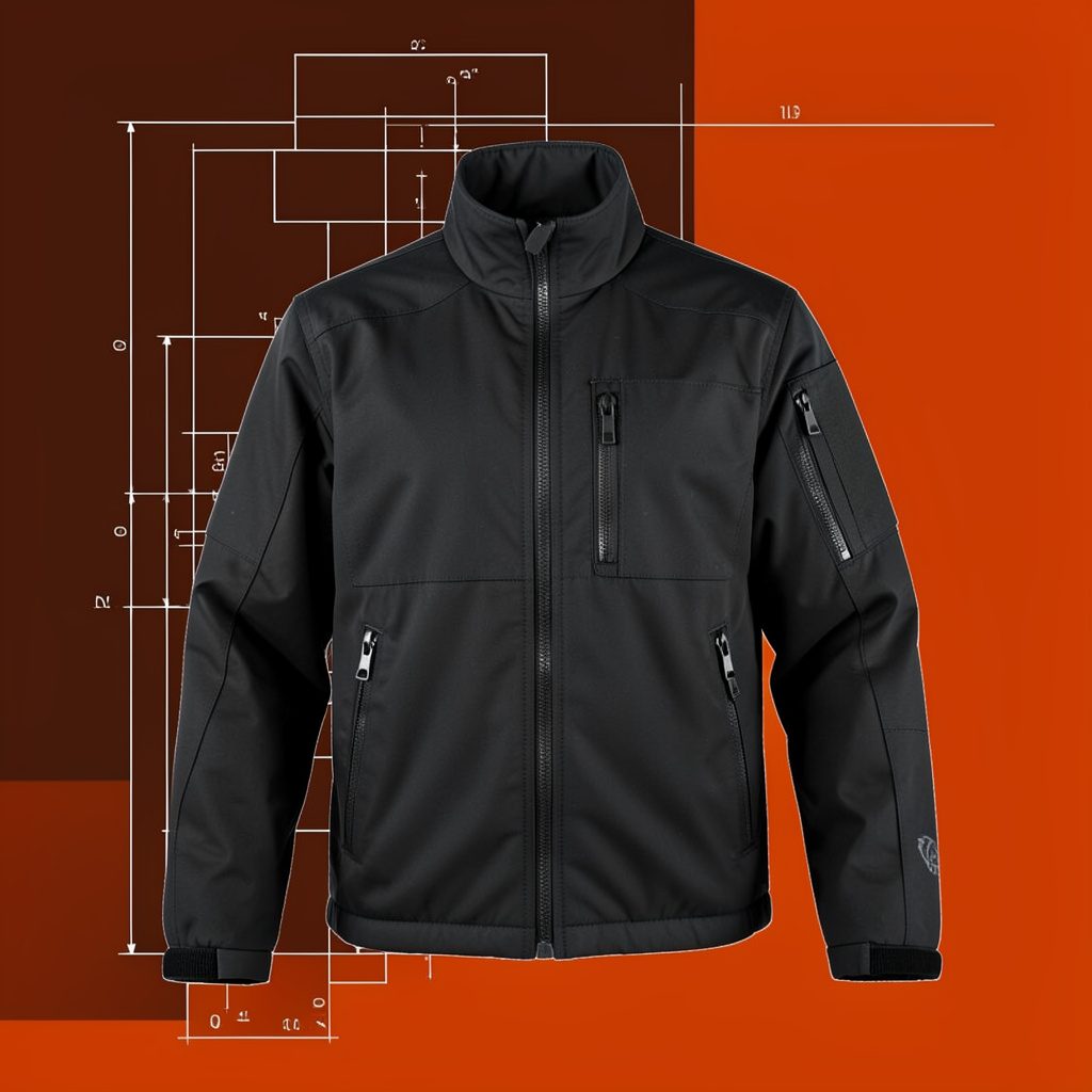 A military-black interchange jacket with technical fabric and zippered pockets, shown against a dark backdrop