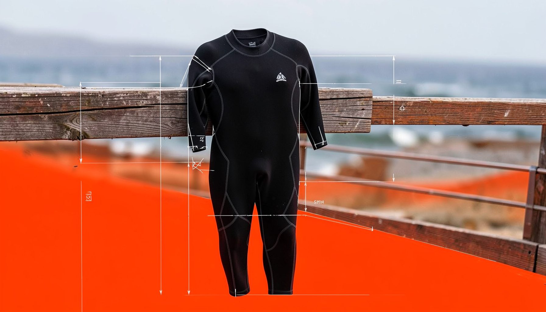 A full-length mens wetsuit in black with subtle logo detailing, draped over a wooden rail with ocean in the blurred distance