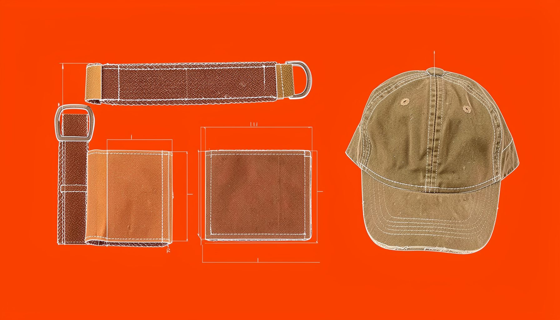 Mens accessories laid flat: a woven belt, canvas wallet, and a cap in earthy tones on a neutral background