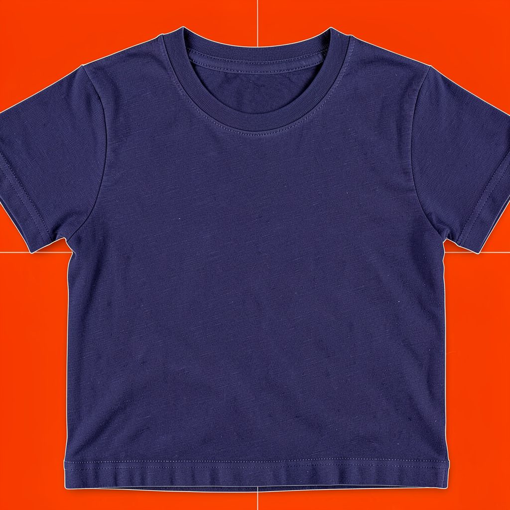 A close-up of a navy blue cotton t-shirt with a subtle textured weave, laid flat