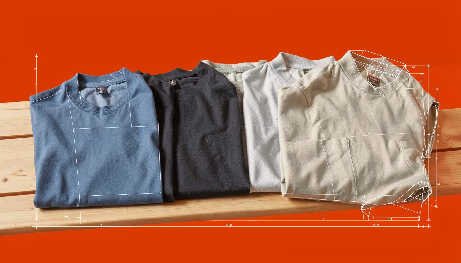 A row of folded mens shirts and tees in muted blues, charcoal, and sandy neutrals, laid across a light wooden surface with soft natural shadows