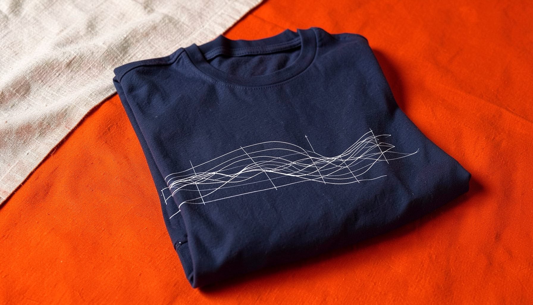 A folded navy blue mens t-shirt with a subtle wave graphic, resting on a textured linen background in soft daylight