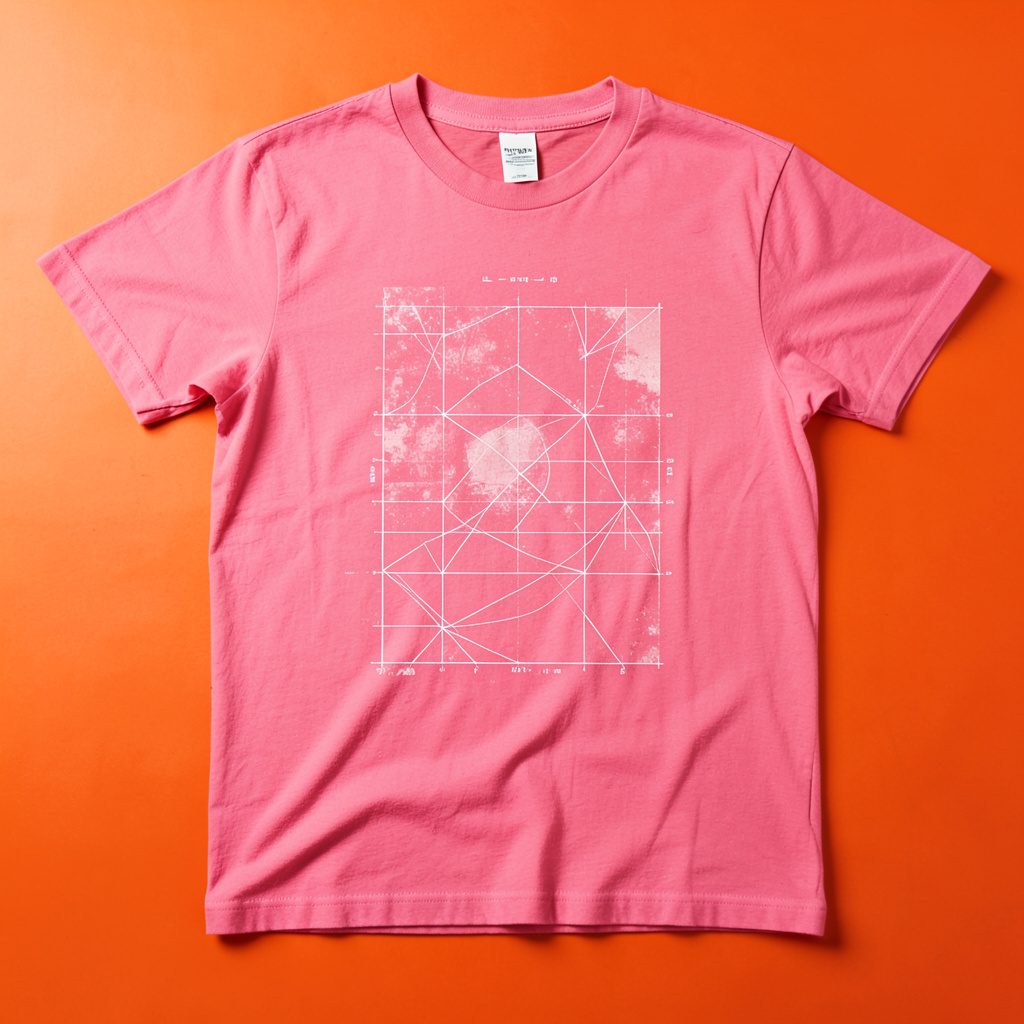 A retro-styled pink graphic tee with a faded print, laid flat on a warm-toned surface
