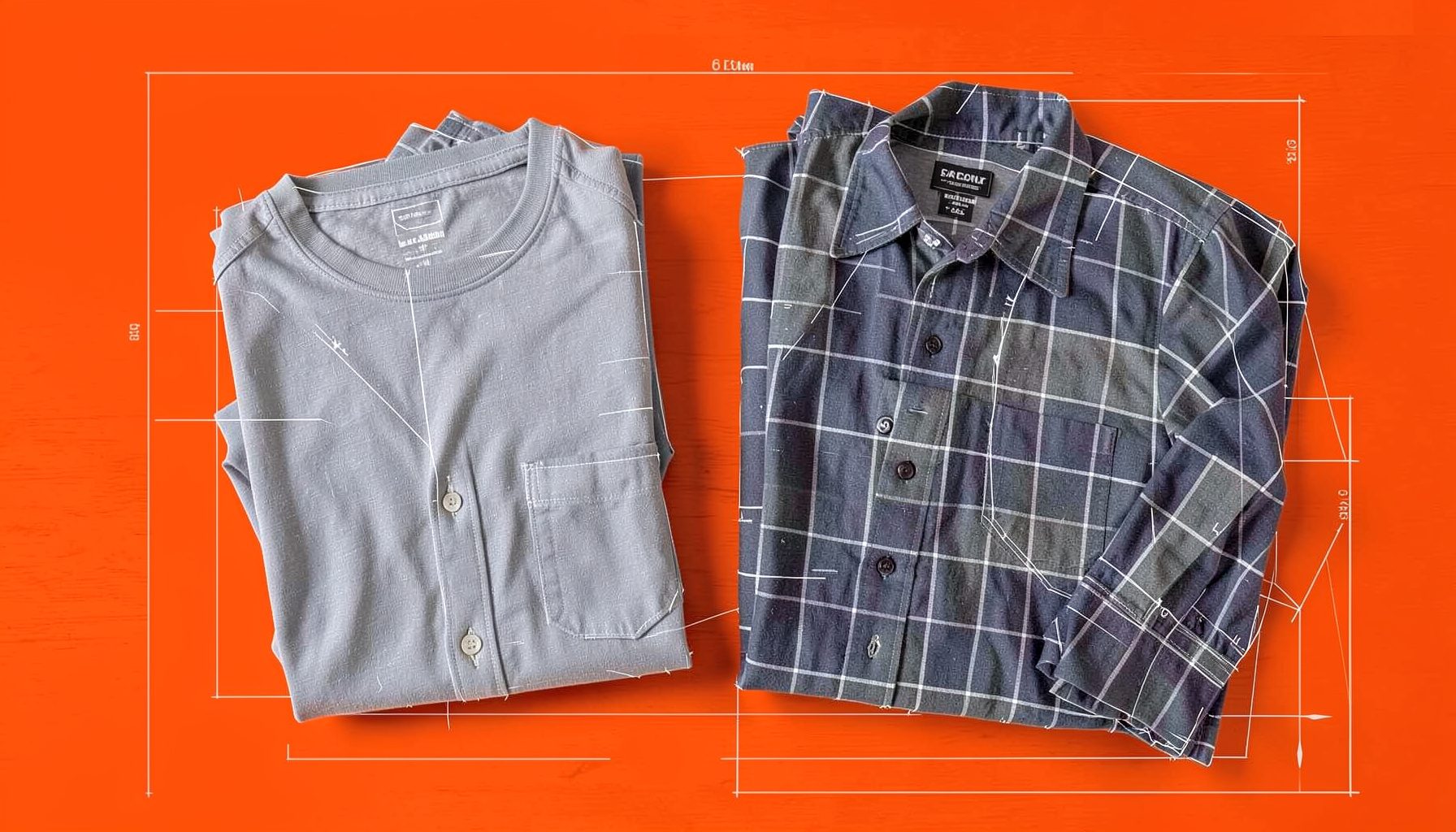 A flat lay of folded men's t-shirts and a flannel shirt in muted blues and greys on a light wood surface