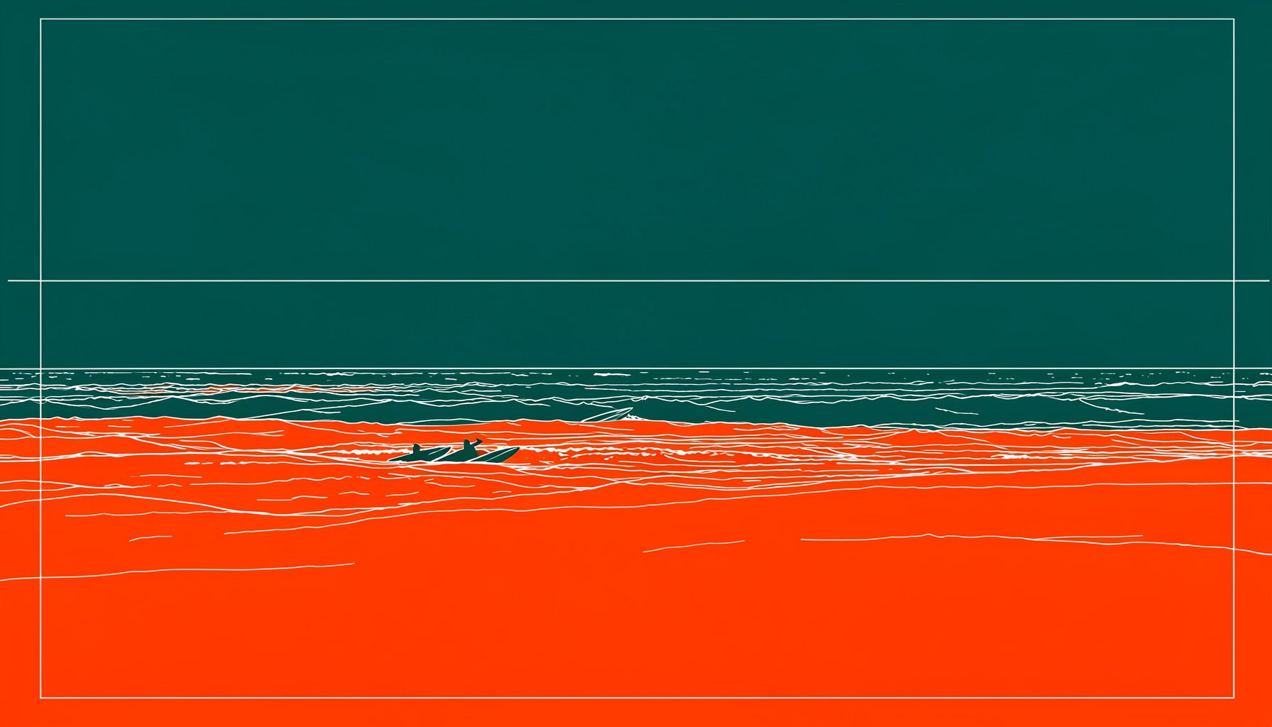 A moody ocean shoreline at dusk with rolling waves under a deep teal sky, surfboards silhouetted against the horizon